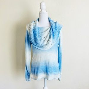 New York & Company Blue & White Ombré Knit Crochet Cowl Neck Sequin Sweater
